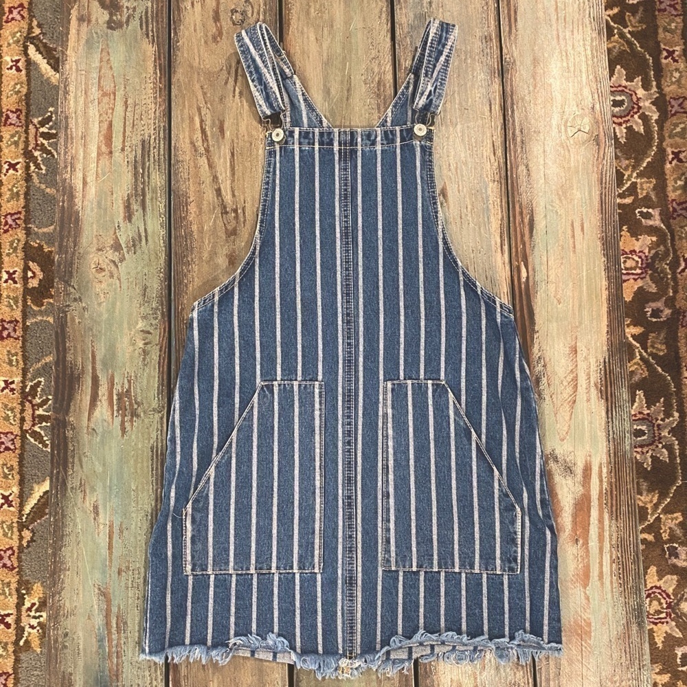 Sky And Sparrow Denim Jumper Short Dress Overalls Striped Frayed Hem Size Small - Picture 6 of 6